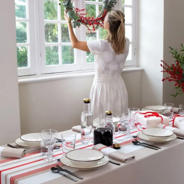 Nappe beige et rouge à rayures en coton