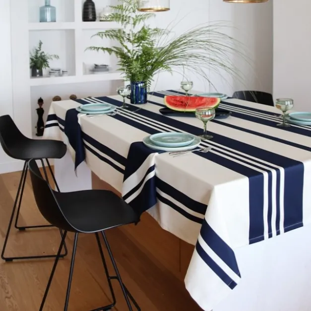 Nappe en coton bleu foncé et blanche à rayures