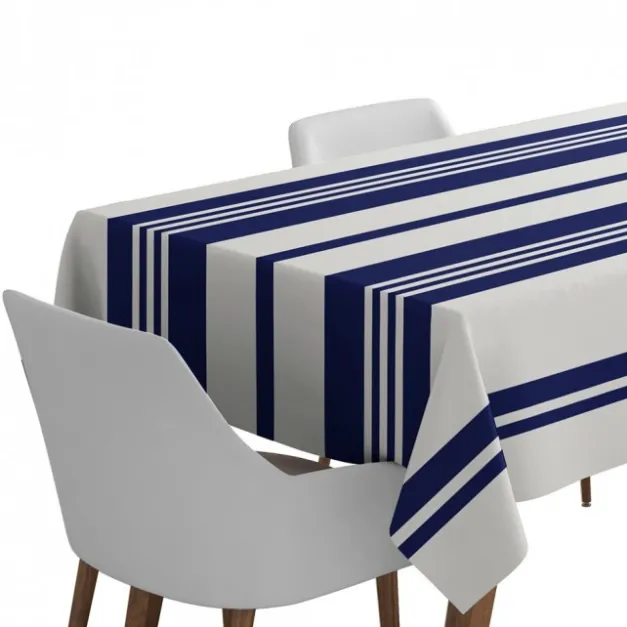 Nappe en coton bleu foncé et blanche à rayures