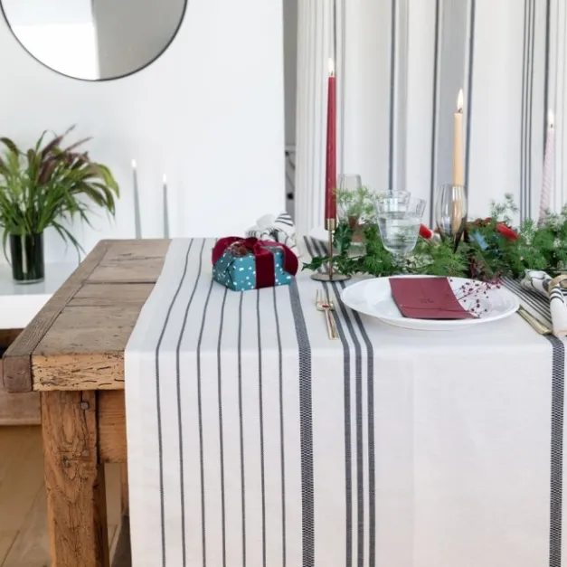 Nappe en lin et coton à rayures noir et écru