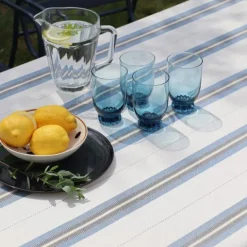 Nappe en lin et coton bleu à rayures